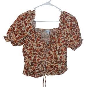 Kit & Sky Floral Ruffle Crop Top Neutral  Red and Brown Boho Size M